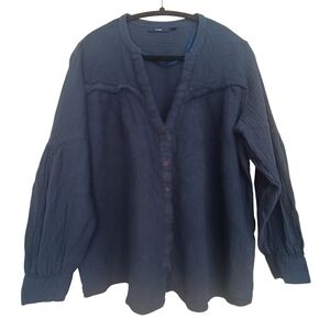 KIABI Navy Blue Cotton Gauze Oversized Button Down Blouse - XXL